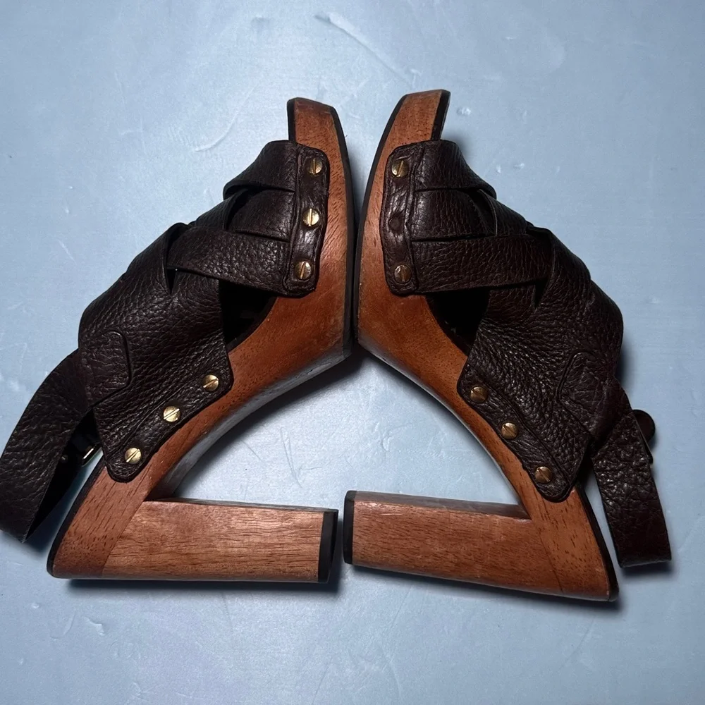 TORY BURCH Women’s 8 M Jodie Brown Leather Woven Platform Heel Sandals - Picture 8 of 15